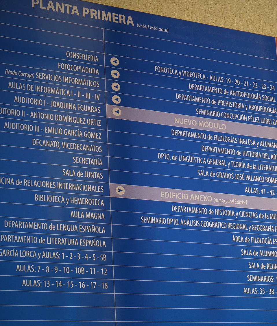 Cartel informativo de las diferentes salas que hay en cada planta de la Facultad de Filosofía y Letras de la Universidad de Granada