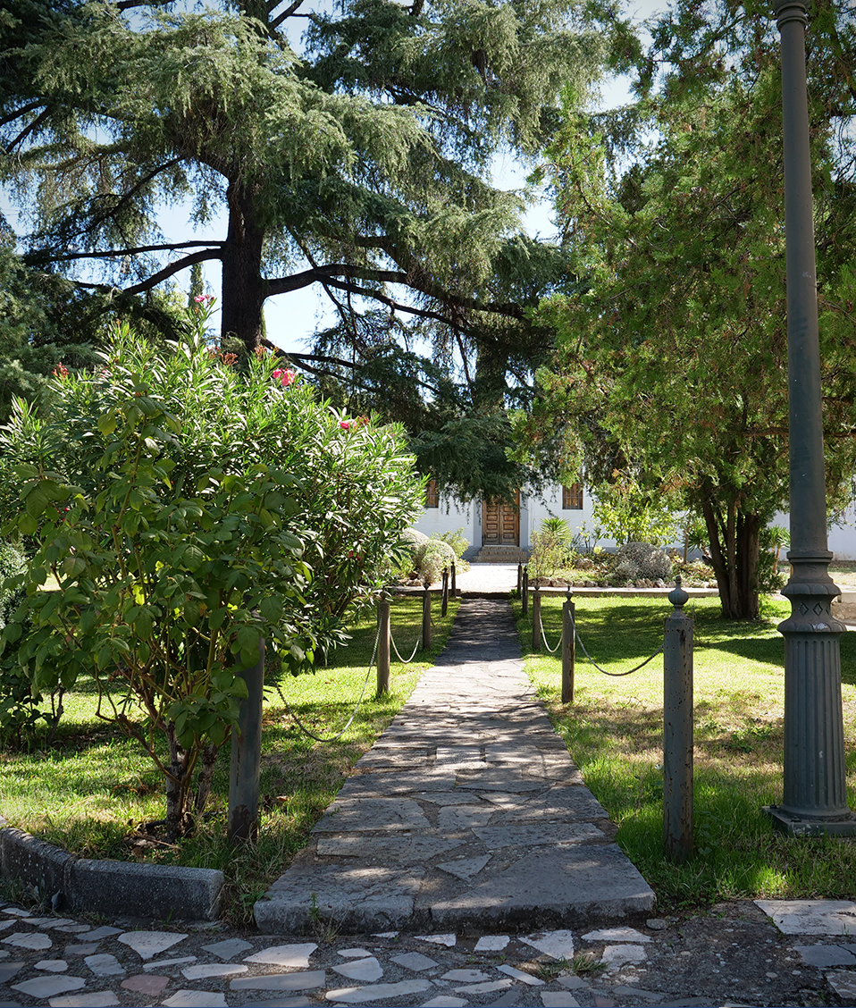 Jardín exterior con paseos de piedras, césped y árboles de la Facultad de Filosofía y Letras de la Universidad de Granada
