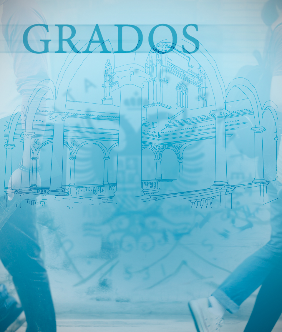 Portada de los grados de la Universidad de Granada con el logo de la insititución y dos personas caminando de fondo