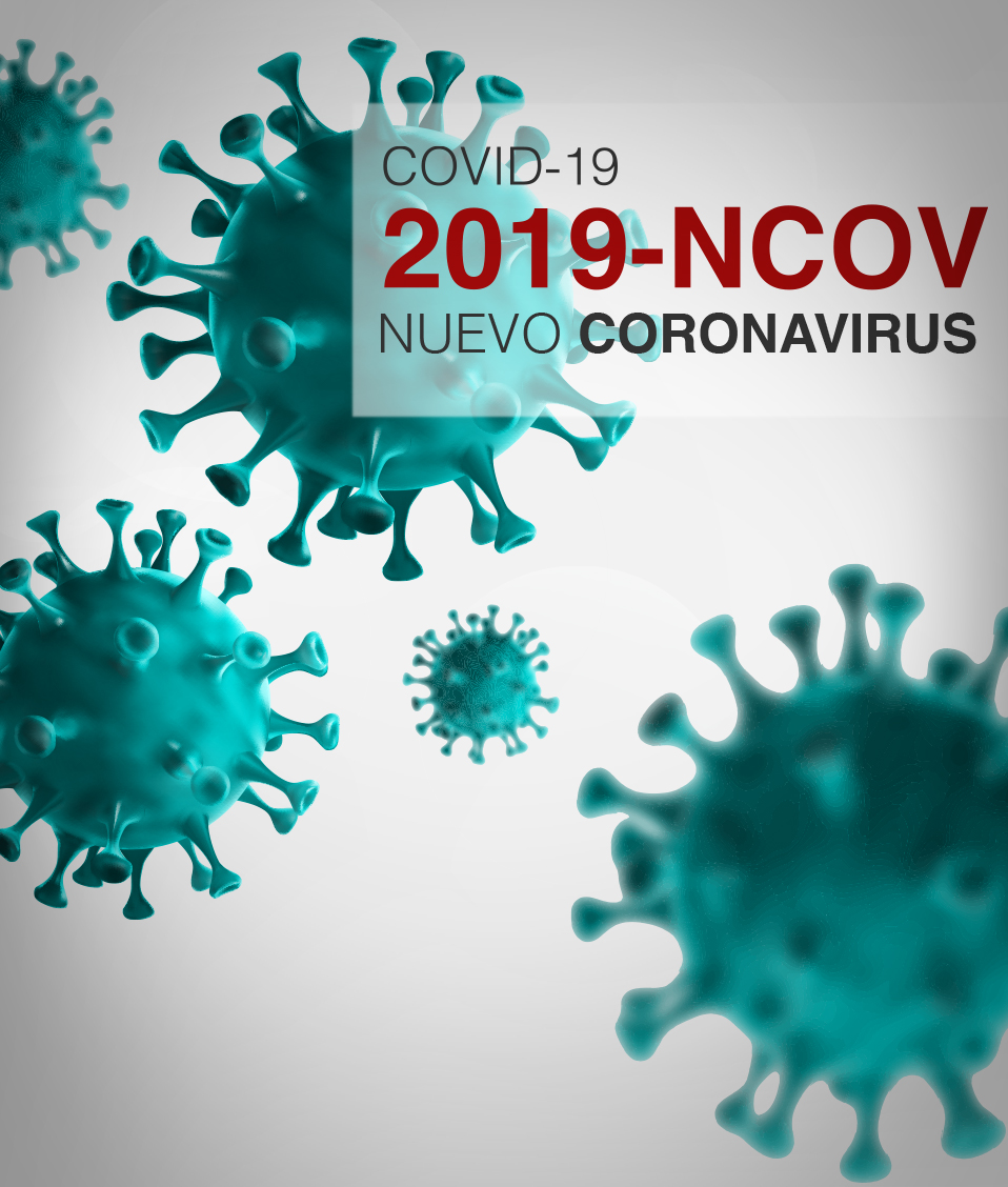 Una composición muestra la estructura de un virus así como un cartel con la información COVID-19 NUEVO CORONAVIRUS title: Imagen informativa de un coronavirus