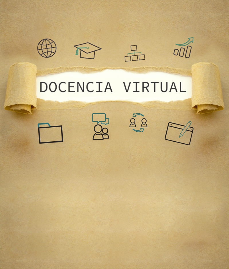 Docencia virtual, noticias El término docencia virtual aparece destacado y rodeado de diversos iconos relacionados con la teledocencia