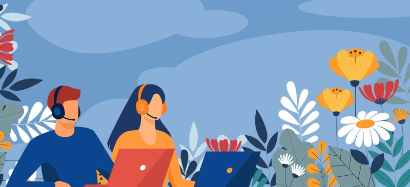 Información y atención a personas usuarias en Semana Santa Ilustración de dos personas rodeadas de flores atendiendo consultas en sendos portátiles