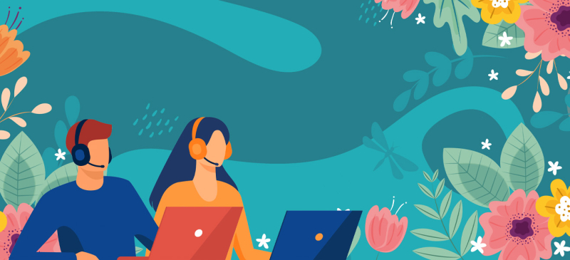 Ilustración La imagen muestra una ilustración de dos personas, una mujer y un hombre, ambos usando auriculares y trabajando en sus portátiles. El fondo es de color verde azulado con formas abstractas y diseños florales, incluyendo varias flores, hojas y una libélula. El tema general parece ser vibrante e inspirado en la naturaleza.